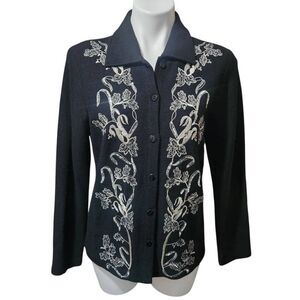 Jones New York Collection wool button front cardigan sweater black silver small